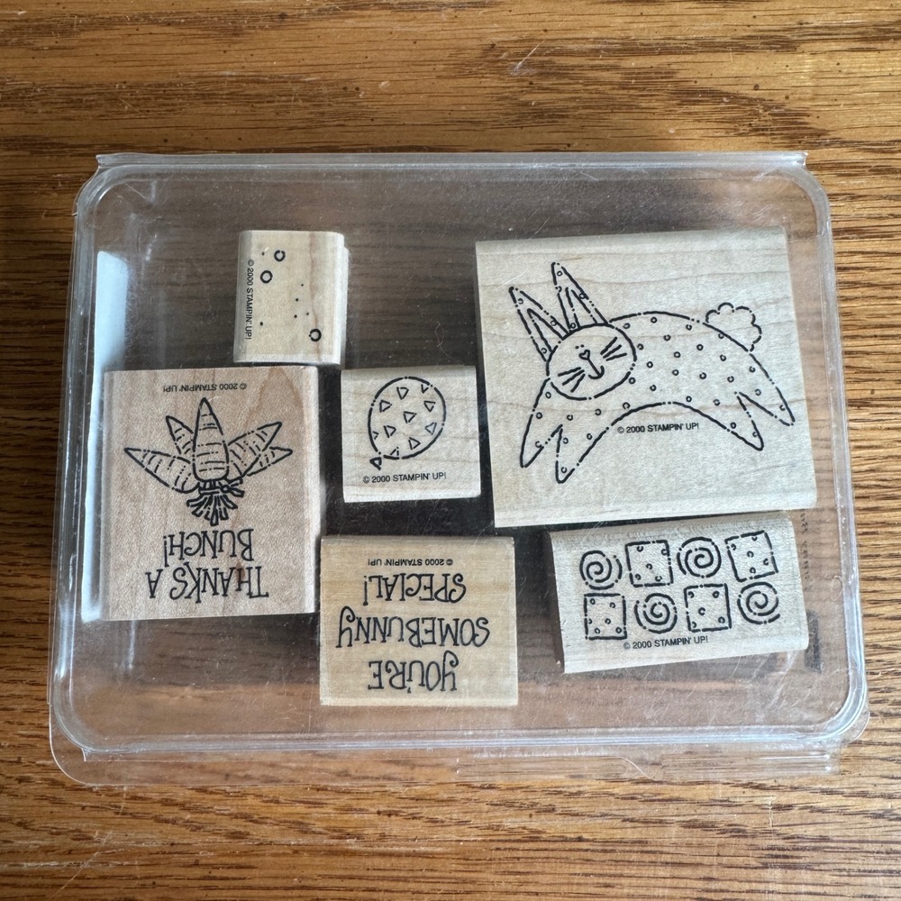 Vintage 2000 Stampin Up Funny Bunny Wood Block Rubber Stamp Set of 6 Easter